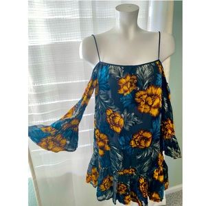 Cold shoulder mini dress with velvet accents